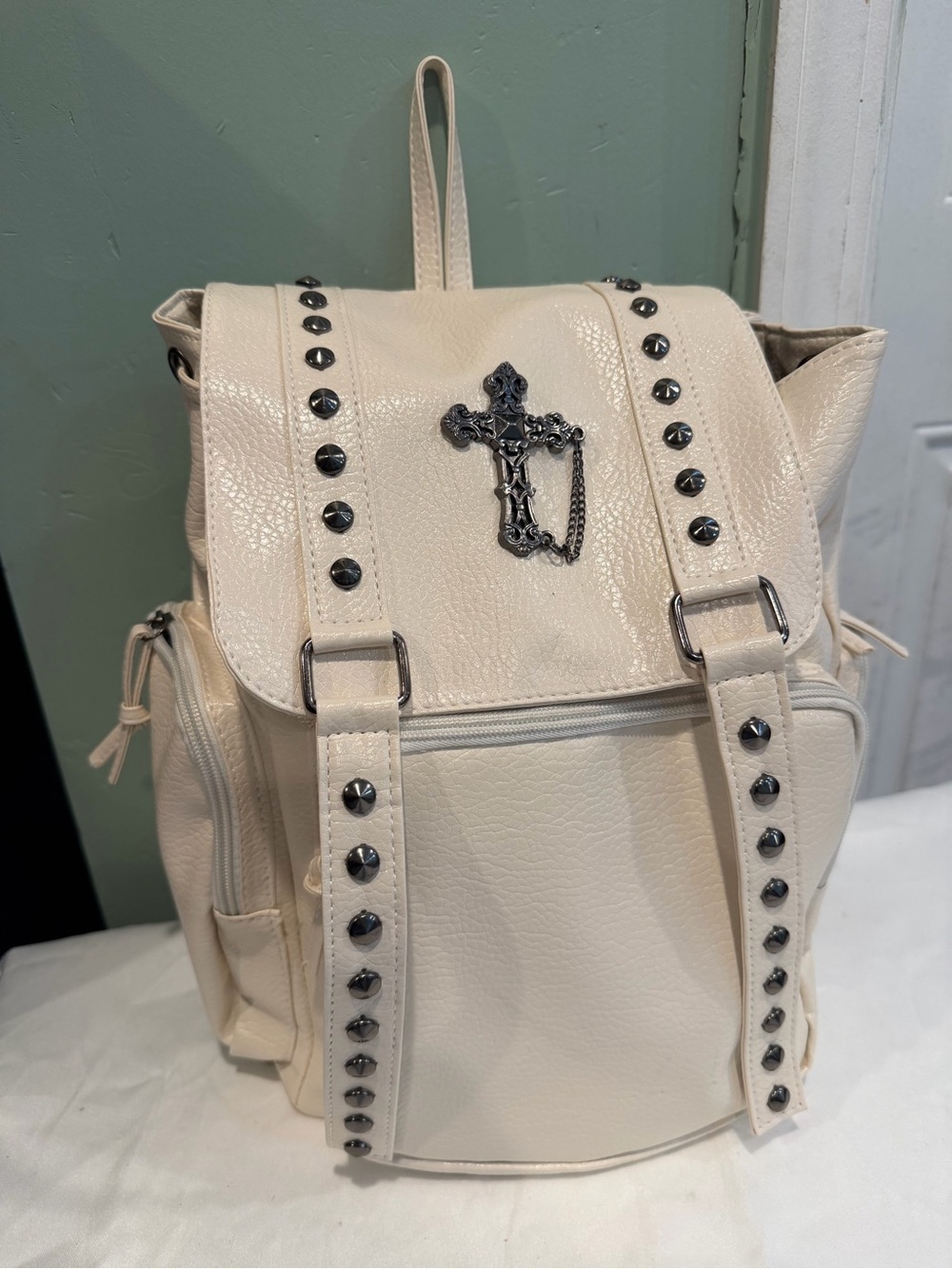 Beige Studded Cross Accent Backpack - Unbranded